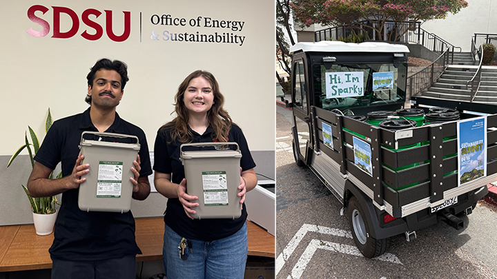 Viraj Urkudey and Olivia Devito pose with office compost program food waste caddies (left). The office composting program’s official collection vehicle, Sparky (right)